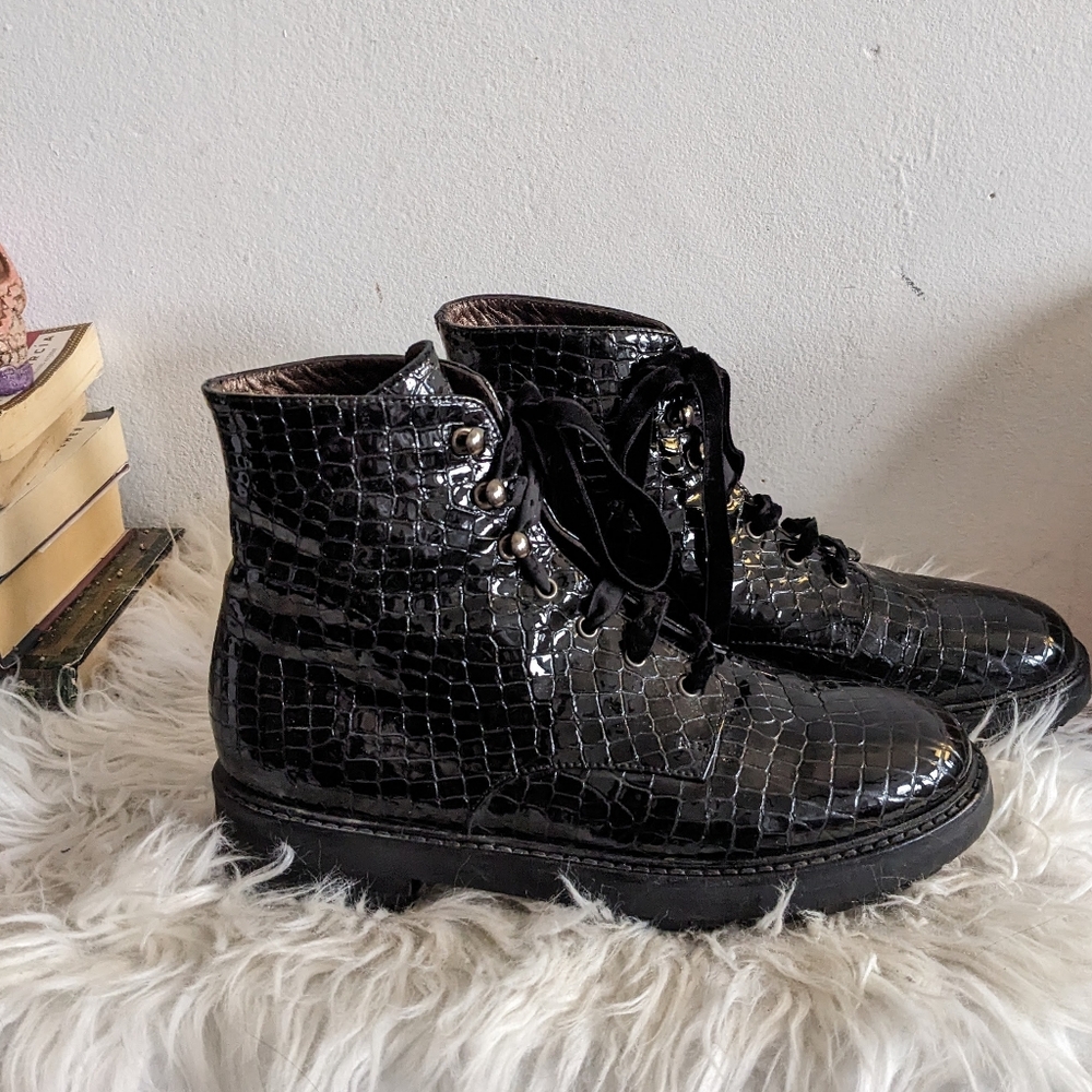 AGL Combat Boot in Black Croc Leather 39.5